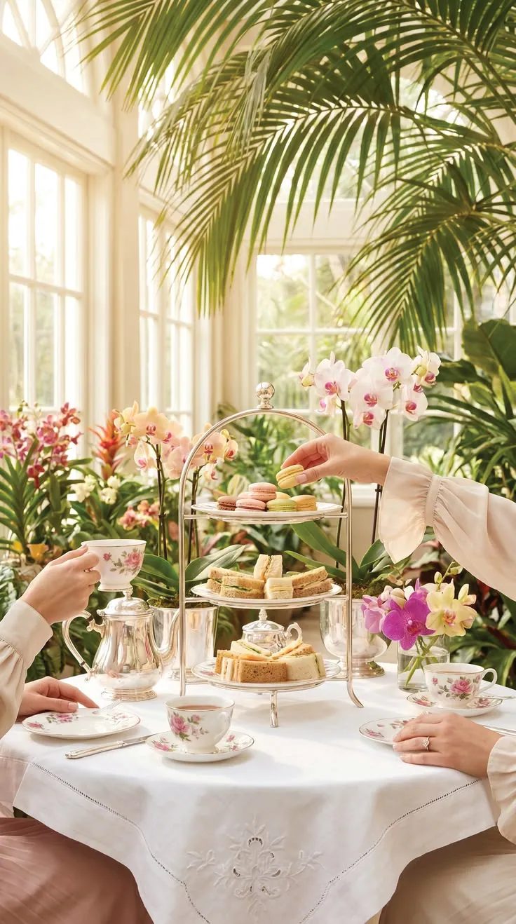 Bàn trà chiều giữa hoa và ánh sáng tự nhiên
